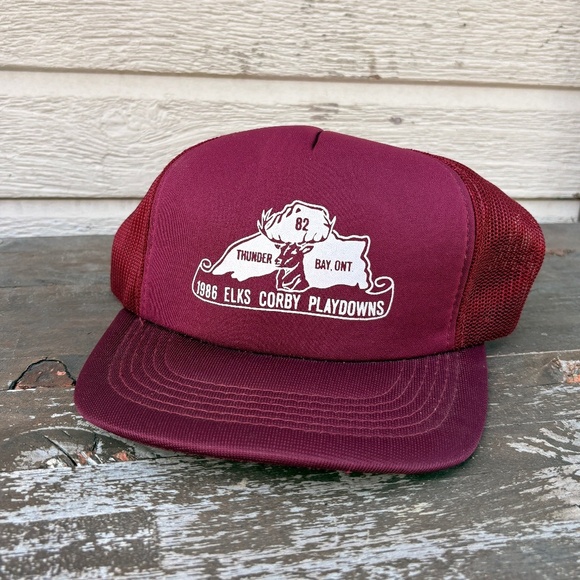Vintage 1986 ELKS CORBY PLAYDOWNS hunting hat burgundy trucker snapback mesh - Picture 1 of 5